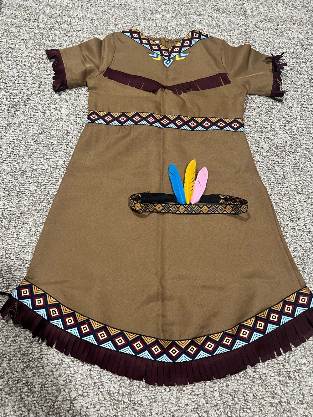 Kids Native Girl Costume Dress & Feather Headband Size 130 7-8Y